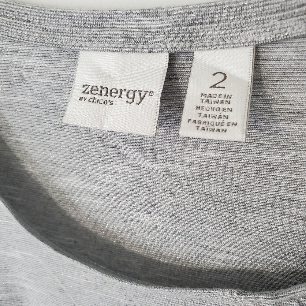 ZENERGY Chicos Gray Sparkle Rhinestone Metallic Top Blouse Womens 2 Large FLAW - Picture 5 of 15